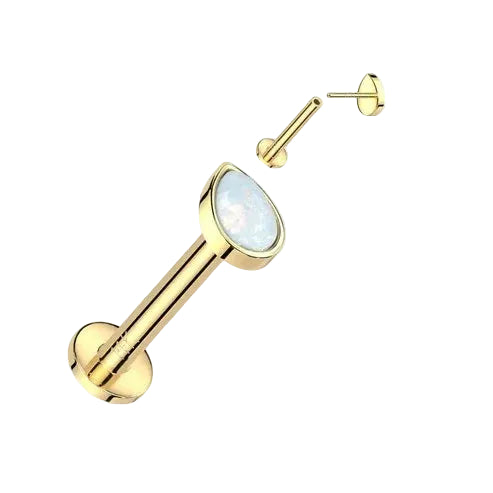 14K Gold Threadless Labret Combo with Pear Opal Top - Yellow Gold/Blue Opal