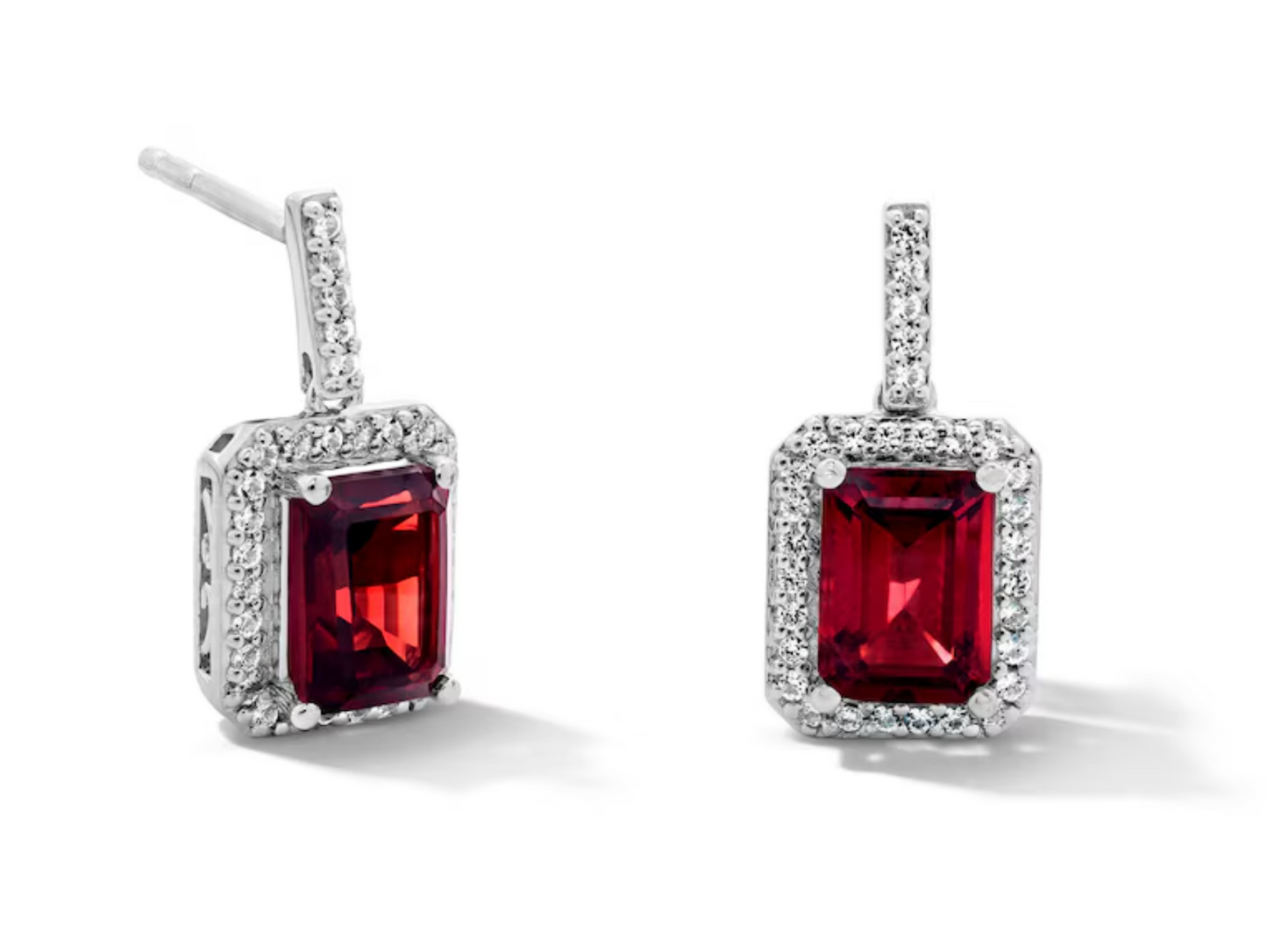Emerald-Cut Garnet and White Lab-Created Sapphire Frame Drop Earrings