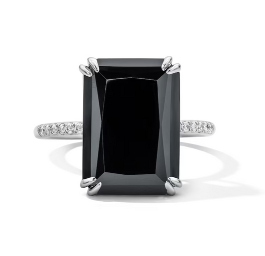 Sterling Silver Emerald-Cut Black Onyx and Diamond Cocktail Ring