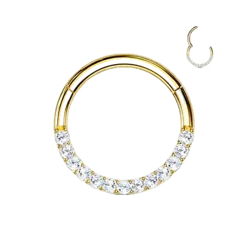 14K Gold CZ Line Front Facing Hingend Ring - 16G / 8mm / Yellow/Gold/Crystal