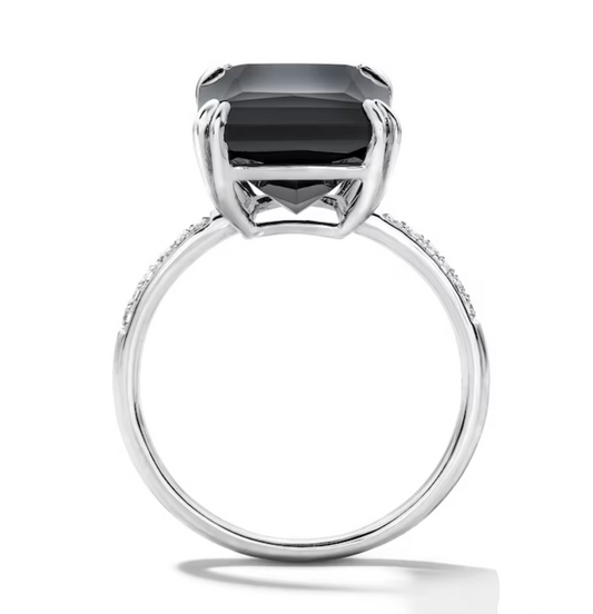 Sterling Silver Emerald-Cut Black Onyx and Diamond Cocktail Ring