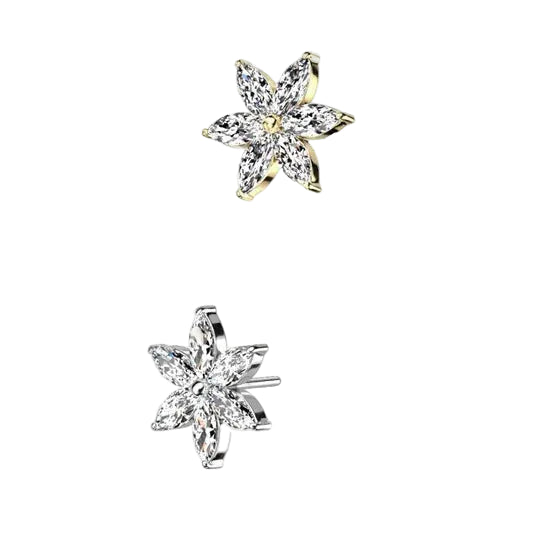 14K Gold 6 Marquise cz Petal Flower Threadless Push in Top Only - White Gold/Crystal